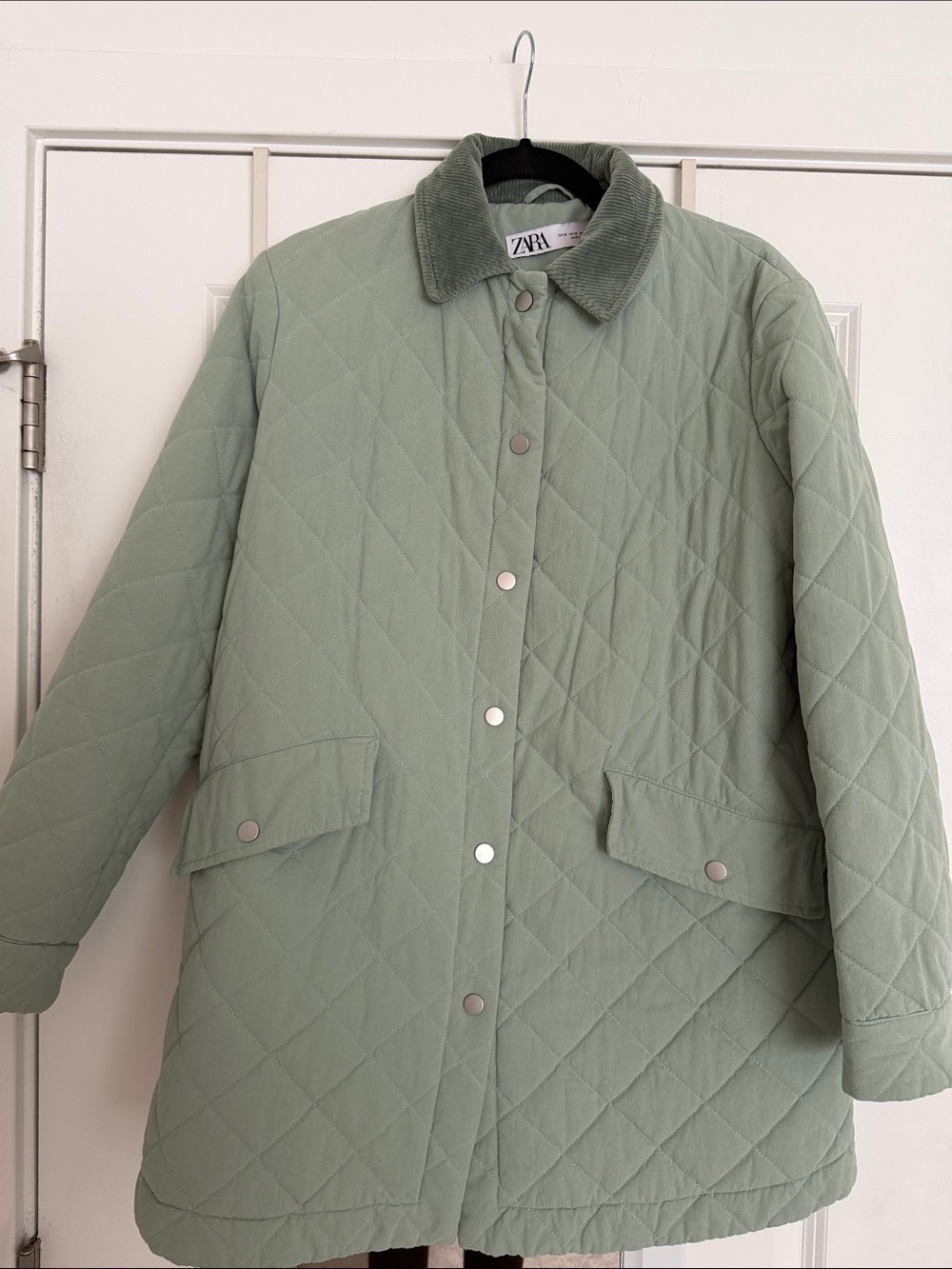 Zara Quilted Jacket in Mint Green with Corduroy Collar